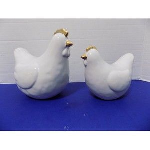 NEW Ceramic Hen Chickens Chicks Rustic Home Animal Farm House Decor  Set of 2